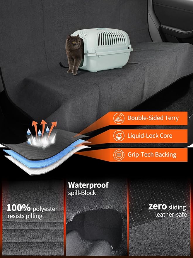 Rear Bench Seat Cover, Waterproof, Sweatproof, Non-Slip Protector for Back Seat, Dual-Layer Microfiber Terry, Universal Fit for Cars, Trucks, SUVs – Embroidered Design (Gray, 1 Pack)