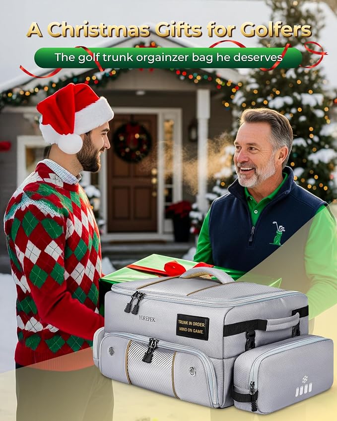 Upgraded Golf Trunk Organizer, Golf Gifts for Men, with Removable Insulated Pouch&Dust-Proof Protective Layer, Multi-Compartment fits 2 Pairs of Shoes, Golf Accessories