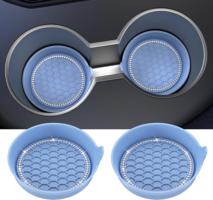 Car Cup Coaster Universal Non-Slip Cup Holders Bling Crystal Rhinestone Car Interior Accessories 2 Pack Gray Blue