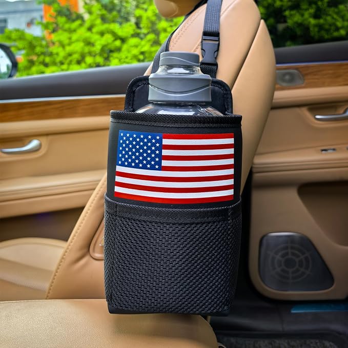 Large Car Cup Holder Expander, Fits Large 24/36/40/46oz Water Bottles, Big Drinks Holder Bag- Universal Auto Vehicle for Cars, SUV & Truck RV's Golf-carts (Black-US Flag)
