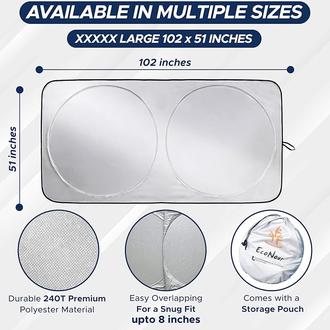 RV Windshield Sunshade | Reflective RV Windshield Cover for UV Rays & Heat Protection, Keeps Your RV Motorhome Cool | Shades for RV Fits RVs, Trucks, Motorhomes, Buses | XXXXX-Large 102"x51"