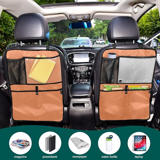 Orange Car Seat Organizer for Kids Backseat Kick Mat with Adjustable Strap Back of Seat Protector for SUV Cars Vehicle 2 Pcs