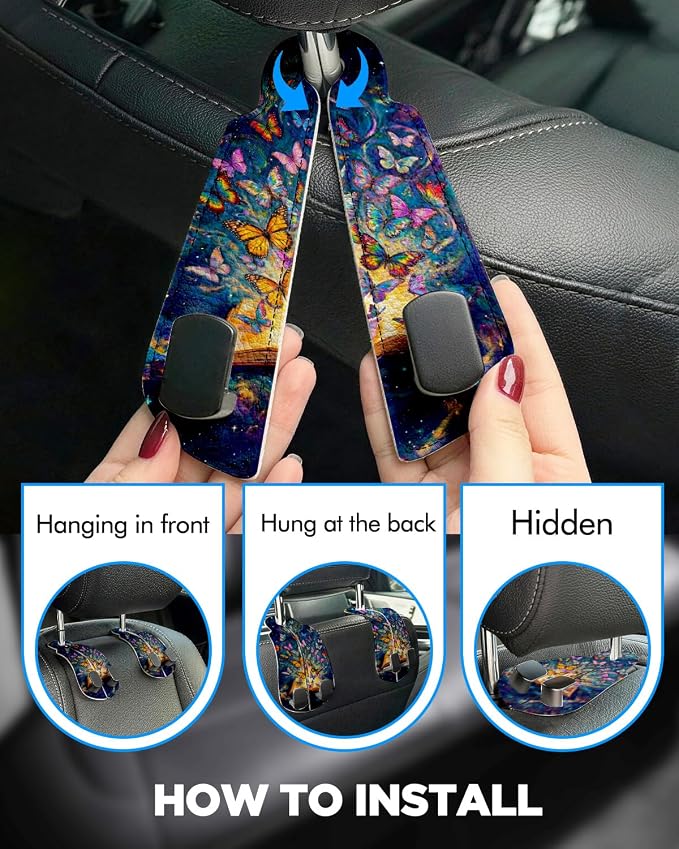 Purse Holder for Car, 2 Pack Heavy Duty Purse Hanger for Car, PU Leather Car Seat Hooks for Purses and Bags, Cute Butterfly Headrest Organizer for Handbags & Backpacks