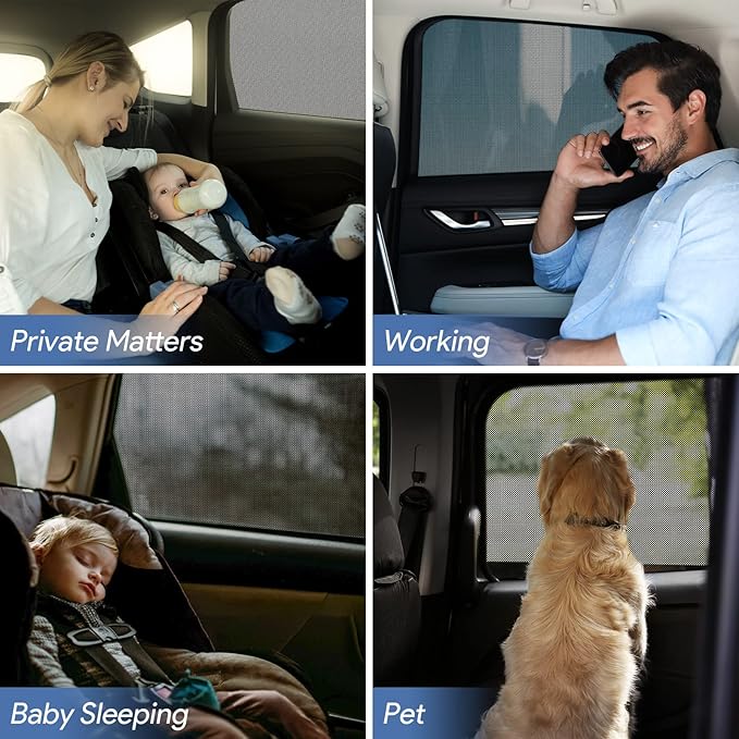 Car Window Shades, 2 Pack Breathable Mesh Side Sun Shades, Stretch Screens for Baby/Camping, Heat Block UV Protection, Back Window Covers for Car, Truck, SUV, Van (XL 63' x28'')