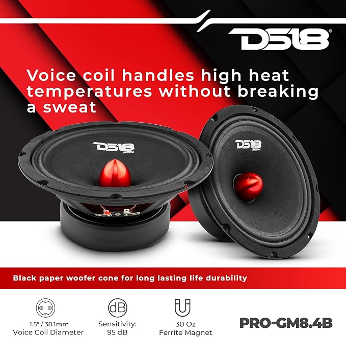 PRO-GM8.4B Loudspeaker - 8", Midrange, Red Aluminum Bullet, 580W Max, 4 Ohms,1.5" Kapton VC, Premium Quality Audio Door Speakers for Car or Truck Stereo Sound System (1 Speaker)