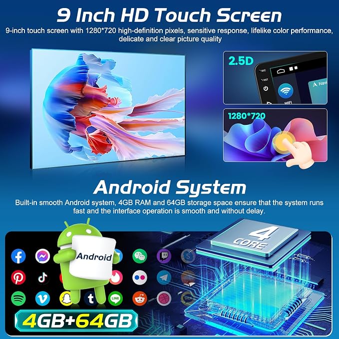 Android Radio for Mazda 6 2007-2012 with Wireless Carplay and Android Auto | [4+64G] Car Stereo 9 Inch Touchscreen, GPS Navi, WiFi, EQ Audio, SWC, Mirror Link, Bluetooth + AHD Backup Camera