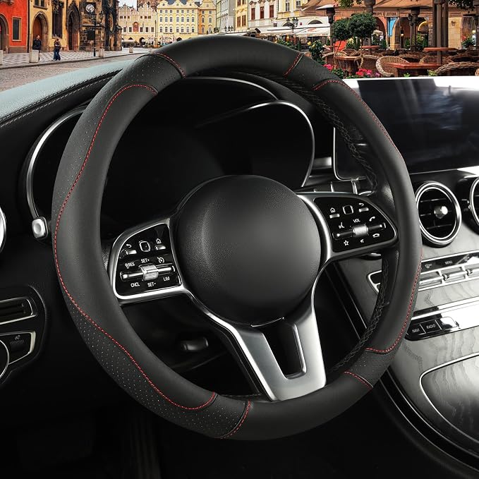 Black Microfiber Leather Steering Wheel Cover 15 inch | Breathable Anti Slip Grip Cool Sporty Look Glow for Women Men