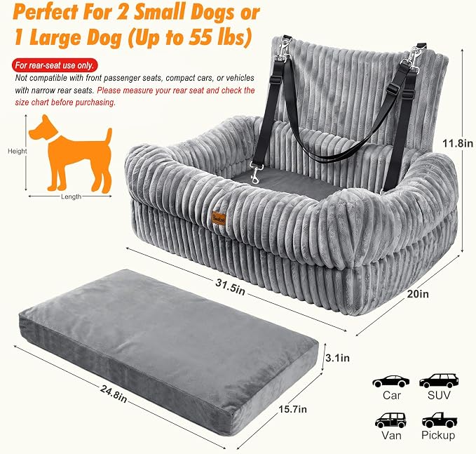 Dog Car Seat, Dog Booster Car Seats with Memory Foam, Thickened Cushion & Washable Removable Cover, Pet Travel Carseat Bed with Safety Leashes for Medium/Large Dogs or 2 Small Dogs, Gray