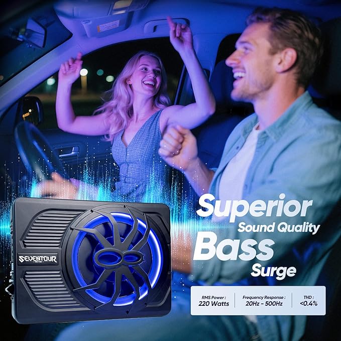 10" Upgrade 800W Slim Under Seat Powered Car Subwoofer, Car/Truck Audio Sub Built in Amplifier amp Combo, with Blue LED Light (RGB LED Subwoofer+Installation Wire Kit)