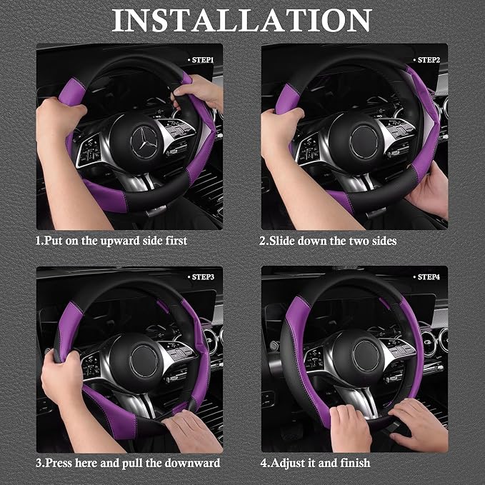 Faux Leather Steering Wheel Cover and Waterproof Car Floor Mats,Universal Car Combo Fit for 95% Sedan,SUV,Cars,14.5-15inch Sporty Anti-Slip Safety Comfortable Design(Black＆Purple)