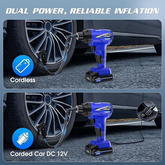 Tire Inflator Portable Air Compressor, 150PSI Cordless Tire Pump with DC 12V/Battery Dual Power Supplies, Portable Handheld Air Pump, Digital Pressure Gauge for Car Tires, Bicycles, Balls, Blue