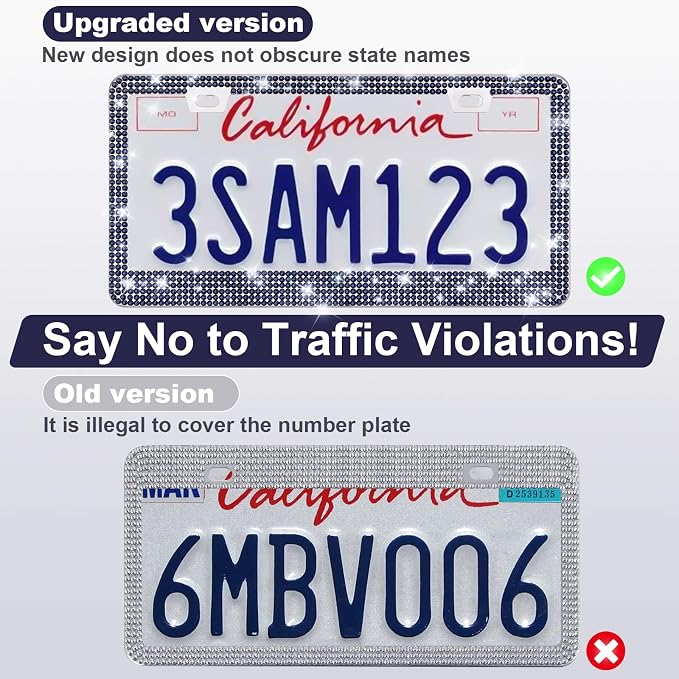 2 Pack Bling License Plate Frames for Women, Sparkly Rhinestone Diamond Car Accessories with Glitter Crystal Caps (Navy Blue)