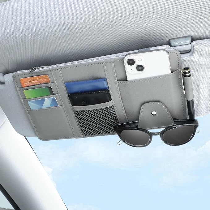 2 Packs Car Sun Visor Organizer, Sunglasses Holders for Car Sun Visor PU Auto Interior Accessories Storage Travel Document Holder with Multi Pocket (Black, Gray, 12.2 x 6.1 Inches)