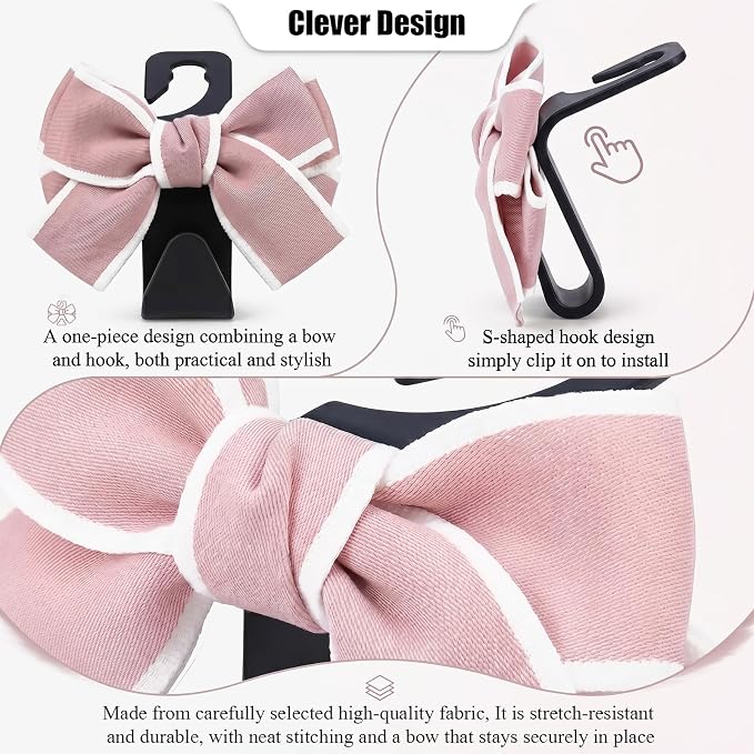 2 Pack Cute Bow Car Seat Headrest Hooks, Purse Hook for Car, Car Purse Hanger for Bags, Backseat Storage Organizer, Universal Vehicle Hooks for Women, Sedan SUV Truck, Pink