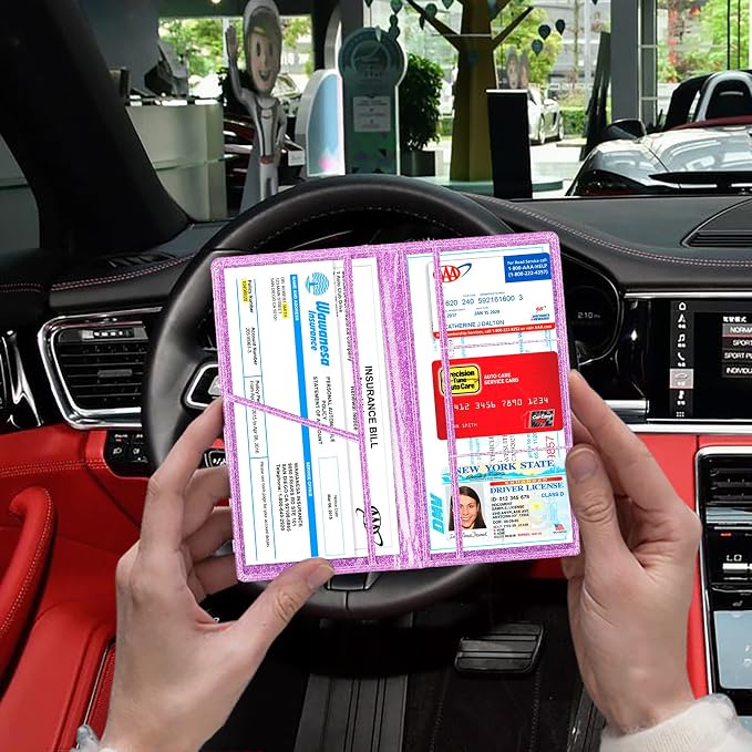 Car Registration and Insurance Card Holder, Vehicle License Document Glove Box Compartment Organizer, Interior Car Accessories for Women Men (Glitter Purple)