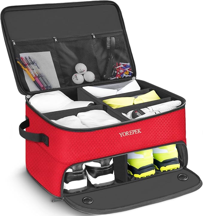 2 Layer Golf Trunk Organizer, Golf Gifts for Men with Separate Ventilated Compartment for 2 Pair Shoes, Waterproof Car Trunk Locker for Balls, Tees, Clothes, Gloves, Gifts for Golfers