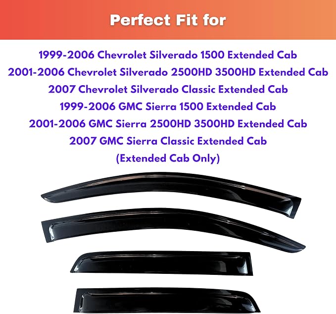 KPY Rain Guards for 1999-2006 Chevrolet Silverado/GMC Sierra 1500/2500HD/3500HD Extended Cab, Out-Channel Window Visor Vent Deflector 4PC, 2007 Chevy Silverado/GMC Sierra Classic (Extended Cab Only)