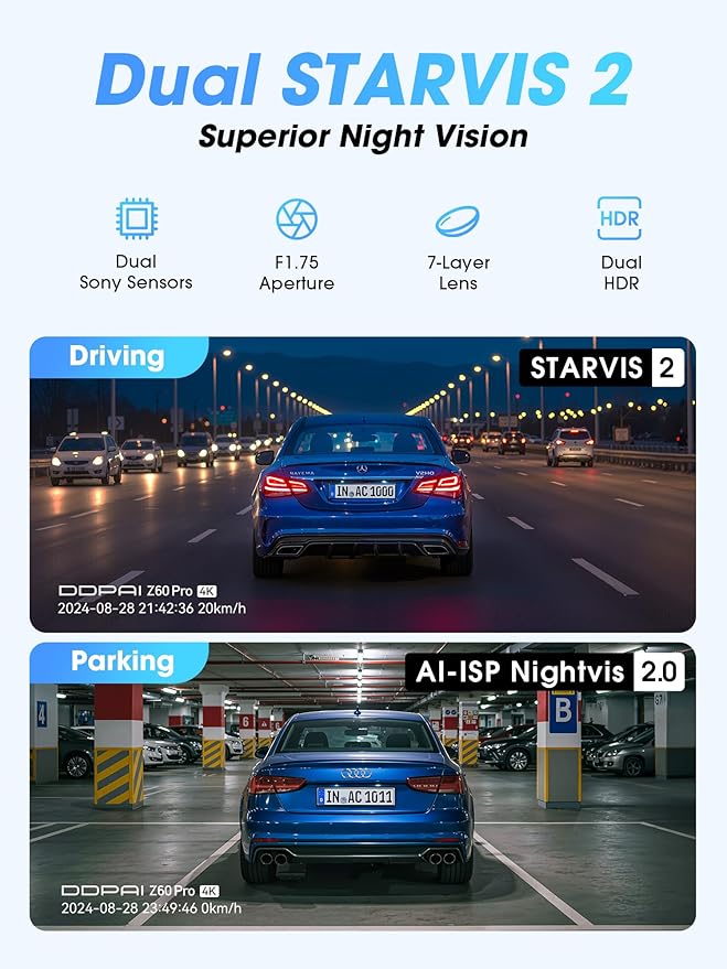 4K Dual Dash Cam Front and Rear, Dual STARVIS 2 IMX678 IMX662 Dashcam, Free 128G Card Included,Car Camera with 32G eMMC, 3K/60FPS, 5G WiFi GPS, 3" IPS, Night Vision, 24H Parking Mode, Z60 Pro