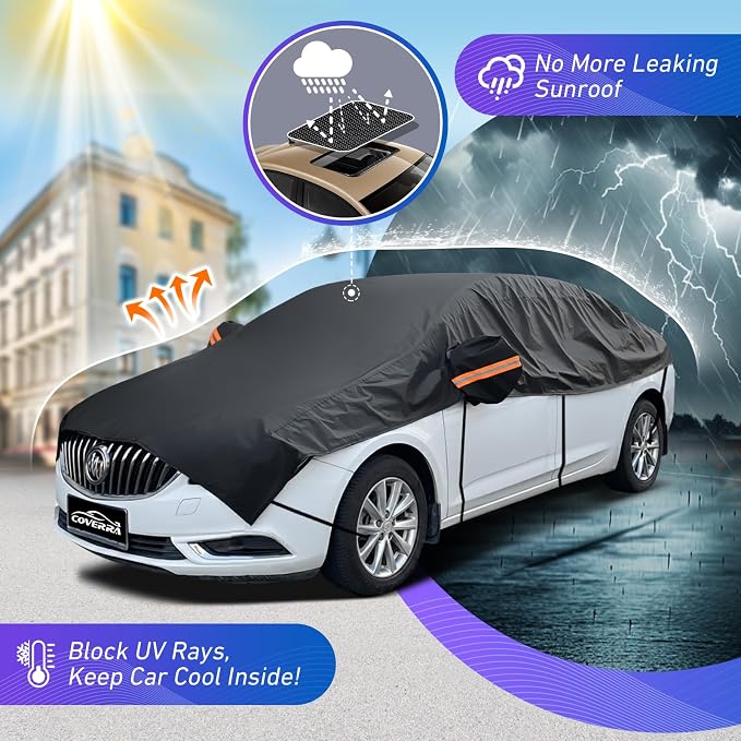 Car Half Cover for Compact Sedan, Waterproof Snow Car Cover with Cotton Liner, Sunroof & Roof Cover for Car Hood & Window Protection