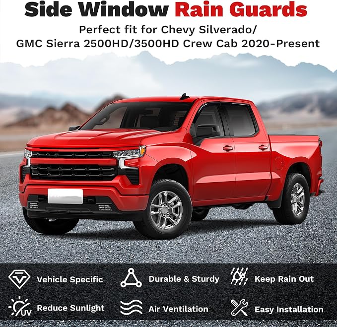 Window Visors Rain Guards for Chevrolet Chevy Silverado/GMC Sierra 2500HD/3500HD Crew Cab 2020-2025 2026,Outside-Mount Tape-On Side Window Wind Deflectors Vent Visors Shades Accessories