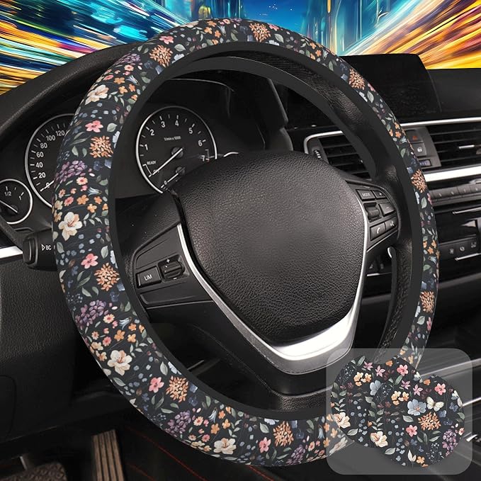 Colorful Wildflower Steering Wheel Cover with 2 Pcs Car Coasters Neoprene Steering Wheel Cover for Women Men Anti-Slip Breathable Car Accessories Universal 15 Inch Fit Auto Cars Trucks