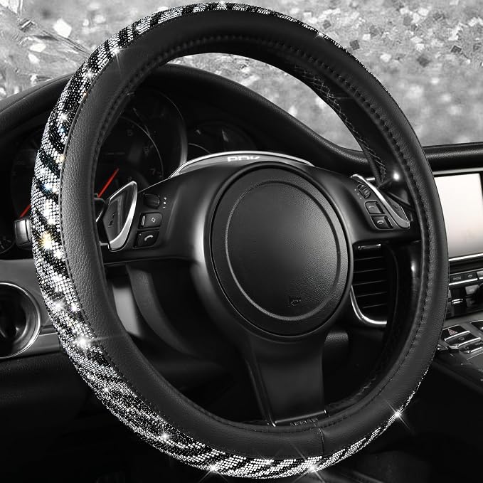 Bling Diamond Leather Steering Wheel Cover, with Bling Sparkly Crystal Glitter Rhinestone Universal Fit 14" 1/2-15" Car Wheel Protector Fit for Women Girl SUV,Vans,Sedans,Trucks, Zebra Print