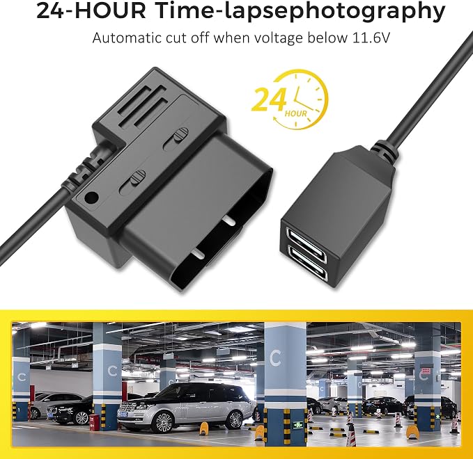 OBD Constant Power Cable,OBD II Power Adapter with Two USB Ports for Dashcam,24/7 Power Supply Mode/Low Voltage Protection,Vehicle OBD 5V 3A Port Charger Cable Compatible with Gar‘min Dash Cam
