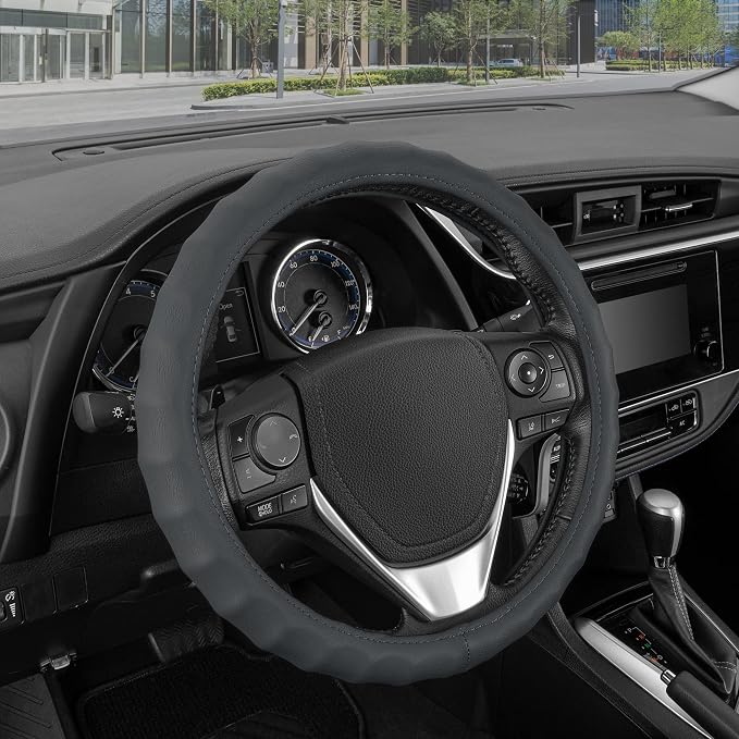 Genuine Gray Leather Steering Wheel Cover for Car, Small 13.5-14 inch – Ergonomic Comfort Grip for Men & Women, Car Steering Wheel Cover for Vehicles with Small Steering Wheels