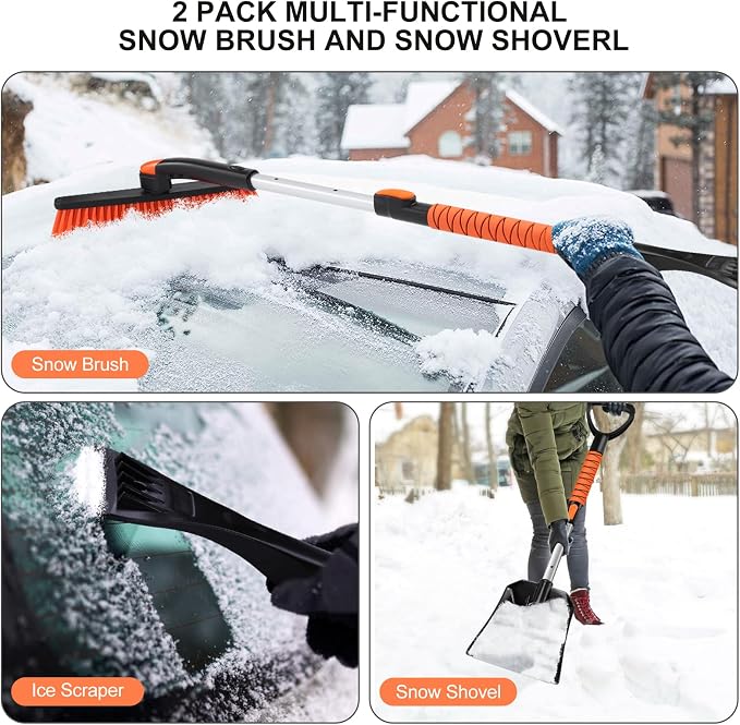 Ice Scraper with Snow Brush and Snow Shovel, 35" Extendable Snow Remover with Foam Grip, 360° Pivoting Brush Head for Car Windshield, Emergency Snow Scraper for SUV Truck Vehicle, Orange