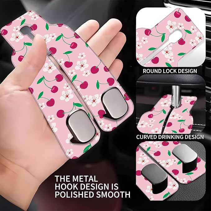 Car Headrest Purse Hanger Cute Floral and Pink Cherries 1 Pack Bag Purse Holder for Car Premium Leather Double Metal Hook for Handbags, Grocery Bags and Phones
