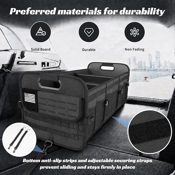 Car Trunk Organizer for SUV - 105L Collapsible Tactical MOLLE Car Storage with Reinforced Handles & Multiple Pockets, Sturdy Trunk Organizers for Groceries, Tools & Outdoor Storage (Black)