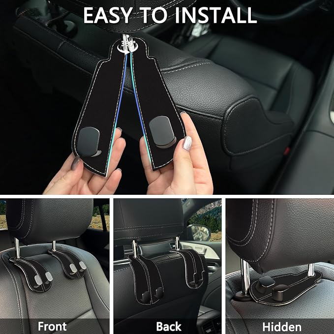 2PCS Car Seat Back Storage Headrest Hooks, Black Purse Holder Bags Hanger, Double Metal Hook for Backseat Organizer, Women Car Accessories Organization
