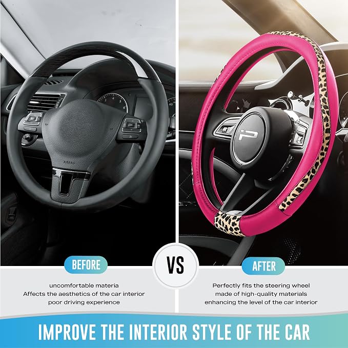 Steering Wheel Cover - Made with PVC Leather and Leopard Fabric - Universal 14 1/2 inches to 15 inches for Most Automotive Steering Wheel - Cheetah Print -Hot Pink