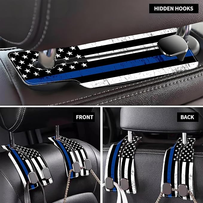 Car Headrest Purse Hanger Grunge Blue and Black American Flag 1 Pack Bag Purse Holder for Car Premium Leather Double Metal Hook for Handbags, Grocery Bags and Phones