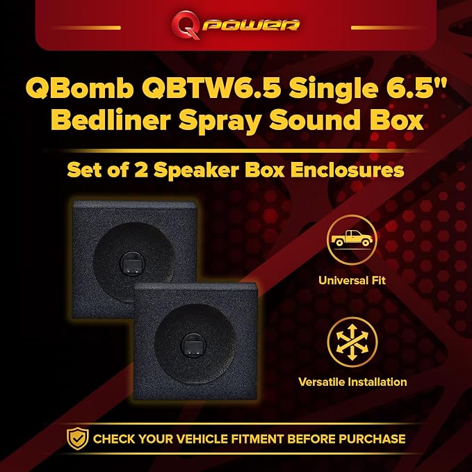 QBomb QBTW6.5 Single 6.50 Inch Heavy Duty MDF Material Car Audio Speaker Enclosure Boxes with Bedliner Spray Coating Finish, 2 Pack