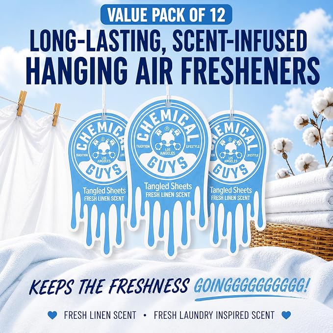 Hanging Car Air Freshener 12-Pack, Tangled Sheets Premium Clean Linen & Soft Cotton Fragrance, Rearview Mirror Paper Fresheners for Cars, Trucks, SUVs, RVs & Boats