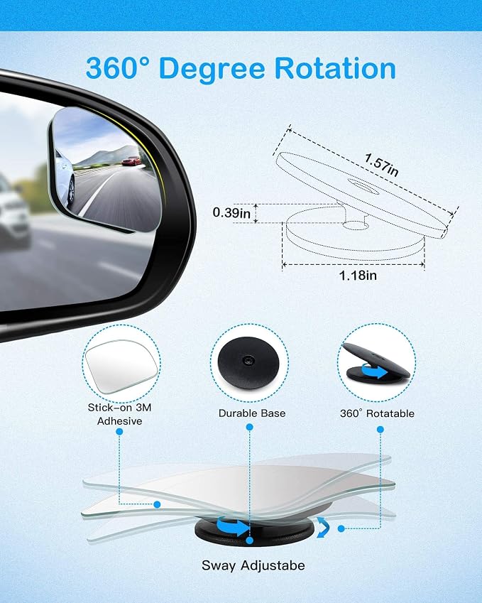 2pcs Fan Shaped Blind Spot Mirror, 360 Degree Adjustabe HD Glass Blind Spot Mirrors, Frameless Convex Rear View Mirror, for any Car, Van, Suv and Trucks.
