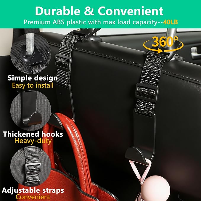 Adjustable Car Headrest Hooks, 4 Pack Universal Fit Vehicle Seat Back Organizer Hanger for Purse, Bags & Groceries, Black