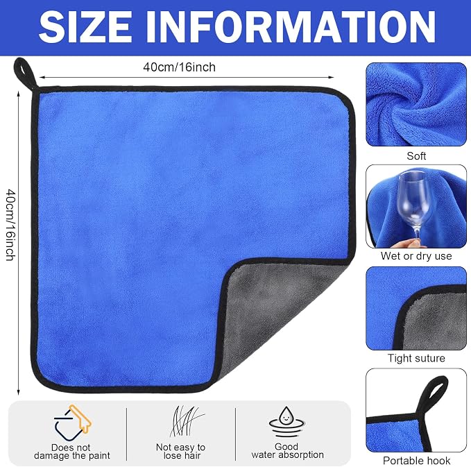 12 Pcs Microfiber Towels for Cars, 800 GSM Plush Drying Cleaning Cloth Bulk, 16 x 16 Inch Thick Absorbent Wash Detailing Towels for Car Polishing, House, Kitchen Cleaning(Gray and Blue)