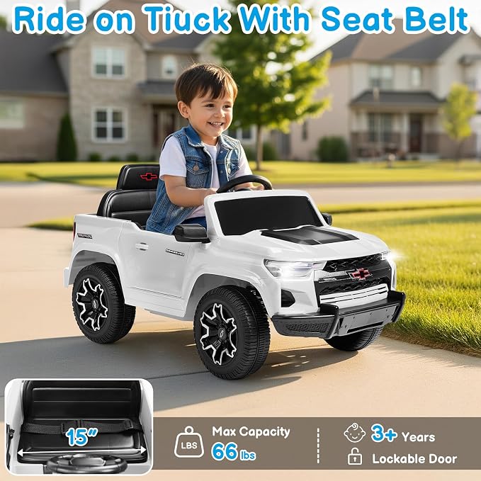 Licensed Chevrolet Colorado Electric Car for Kids, 12V Ride on Toys for Toddlers with Remote Control, Battery Powered Electric Car Ride On Vehicle w/Bluetooth, Soft Start, LED Lights - White