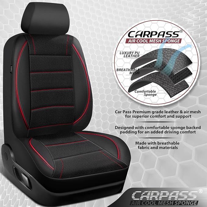 Mesh Leather Car Seat Covers Full Set,Breathable Mesh Faux Leather Seat Covers for Car, Universal Fit for SUV Truck Sedan Automotive, Airbag Compatible, Black and Red