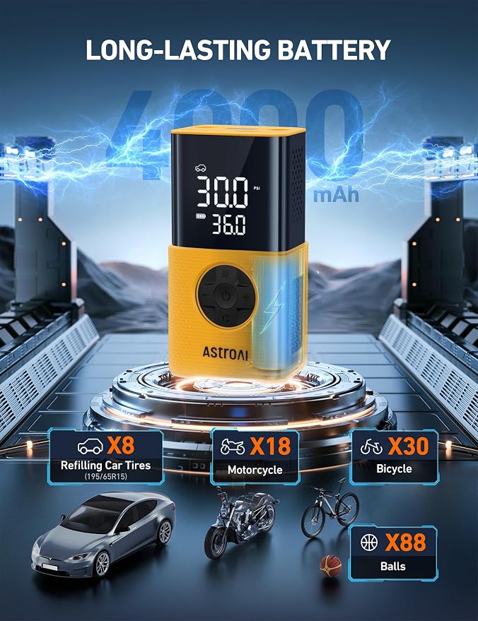 L7S Tire Inflator Portable Air Compressor Cordless with Digital Pressure Gauge, 150 PSI LED Light Bike Air Pump with Fast Inflation & Auto Shut-Off for Car Tires,Motorcycles,Bikes,Balls,Yellow