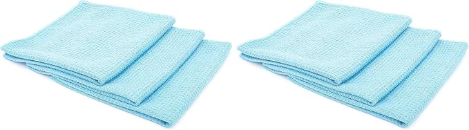 Standard Waffle Weave Towels, Microfiber Detailing, Window/Glass and Drying, Wax & Polish, Lint-Free, Streak-Free, 370gsm, 16in x 16in, Light Blue (6-Pack)