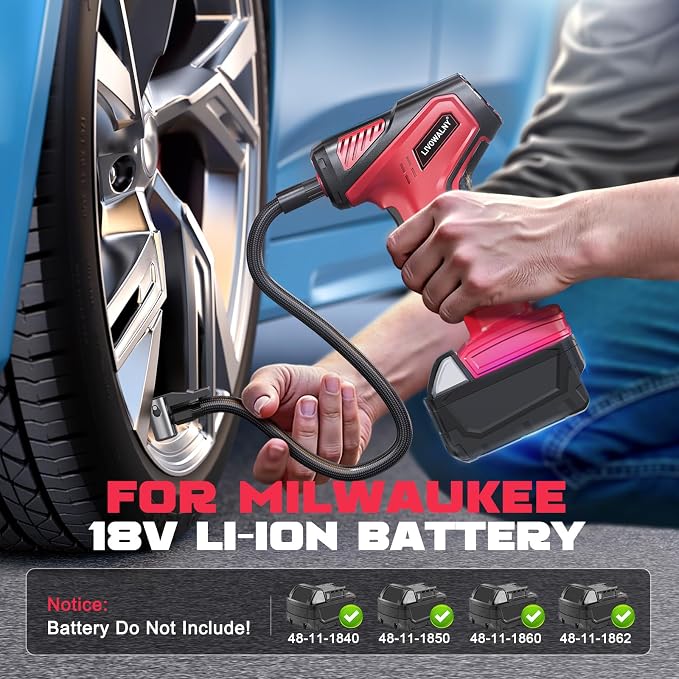 Tire Inflator Portable Air Compressor Compatible With Milwaukee 18V Battery, 150PSI Air Pump Cordless Tire Pump Digital Pressure Gauge, Tire Inflator for Car, Bike, Motorcycle (Tool Only)