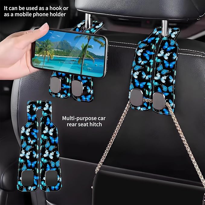 Purse Hook for Car Watercolor Blue Butterflies 1 Pack Headrest Back Seat Hook Premium Leather Double Metal Hanger Storage Pack Bag Purse Holder Car Interior Accessories