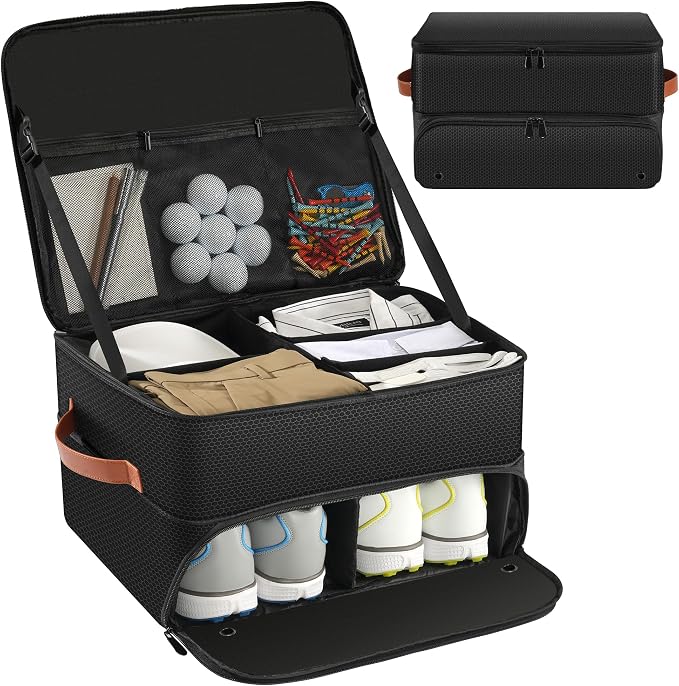 Golf Trunk Organizer, 2 Layer Golf Storage Bag with Ventilated Shoe Compartment, Golf Accessories Equipment Locker, Cool Birthday Gifts for Men Dad Women(Black)