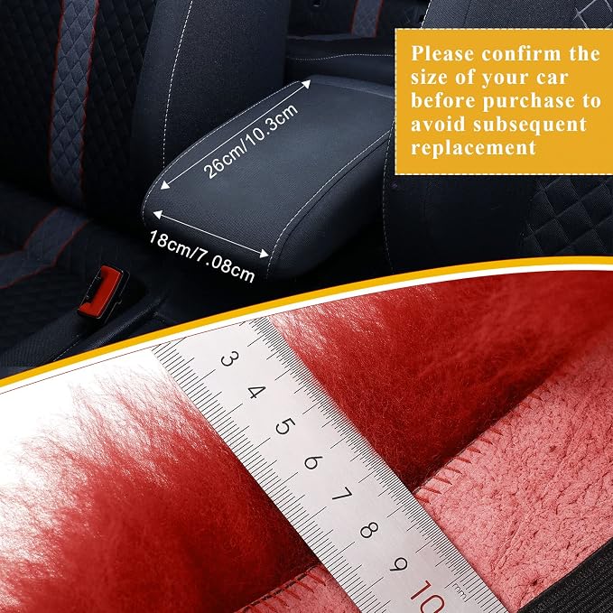 Furry Armrest Cover Auto Center Console Cover Car Soft Console Pad, Real Sheepskin Wool Soft Fluffy Auto Center Armrest Pad for Most Car Decoration Protector(Wine Red)