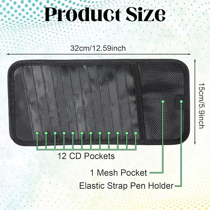 CD Case Holder for Car - DVD Vehicle Visor Storage Orangizer Sun Visor Organizer for CD Visor Case with 12 DVD Storage Sleeves 1 Mesh Pocket 1 Pen Holder(Black)