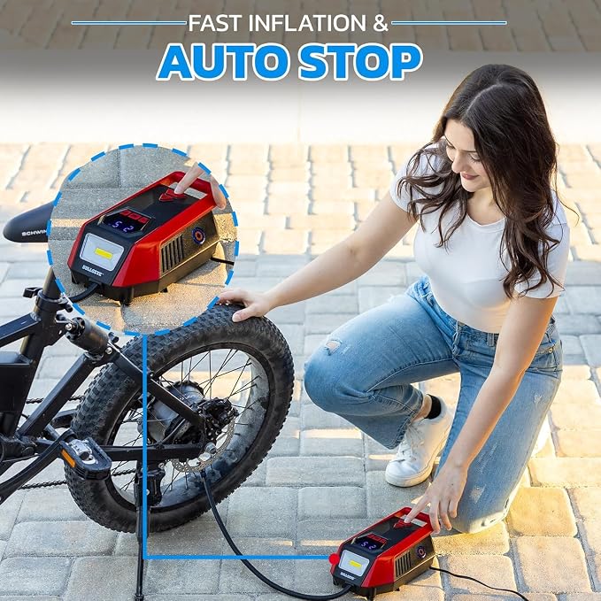 Bullseye 12V DC Car Tire Inflator Portable Air Compressor - Rapid 2 Minute Inflation, Auto Shut-Off, Max 150 PSI, Easy Cord Storage, Digital Pressure Gauge, Works For Bikes, Motorcycles, Inflateables