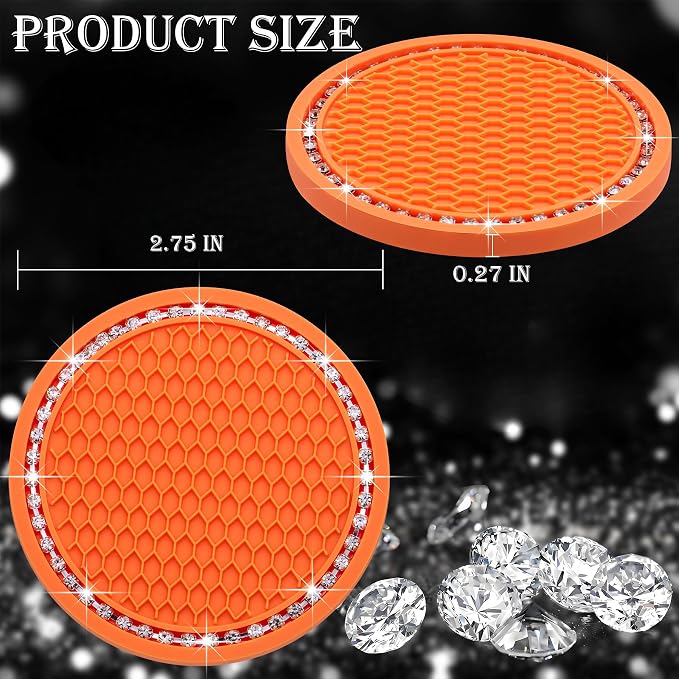4PCS Bling Cup Holder Coaster, 2.75 Inch Auto Car Cup Holder Insert Coasters, Soft Silicone Anti-Slip Shockproof, Universal Vehicle Interior Accessories for Women Girls (Orange & White)